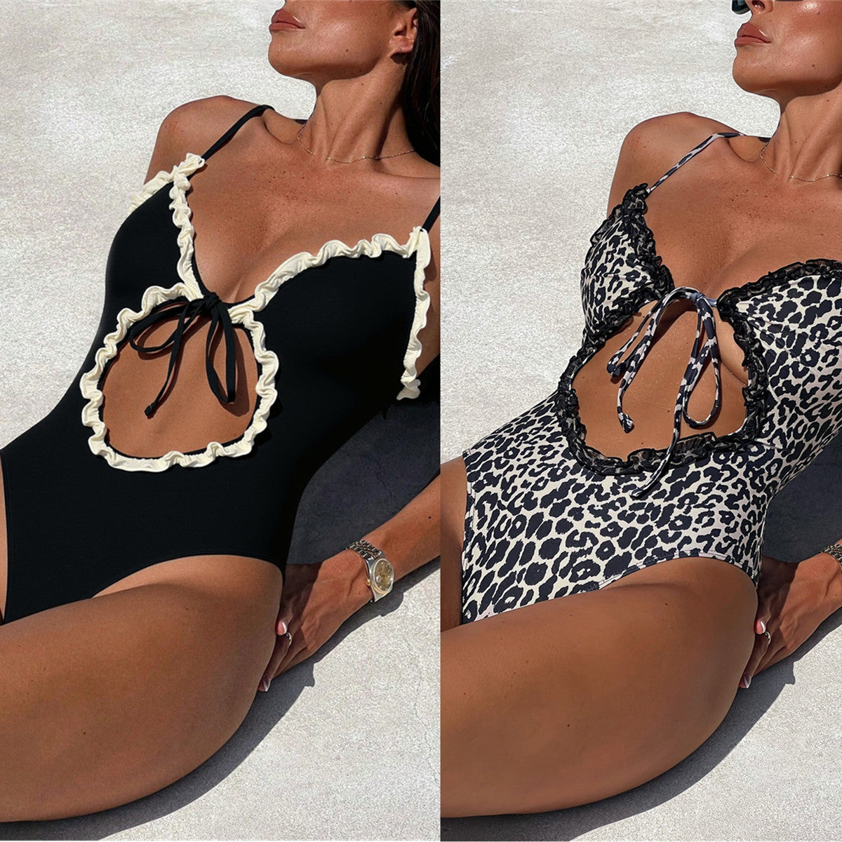 XM white coffee contrast color hollow strap one-piece swimsuit G275W