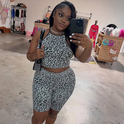 DZHT J26ST217 leopard print midriff-baring camisole tight shorts two-piece suit