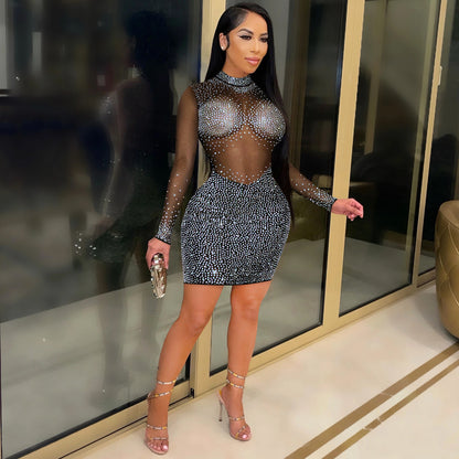 XYZ C5890 nightclub rhinestone mesh see-through long sleeve dress