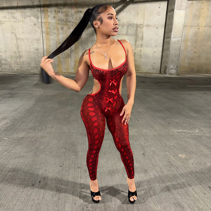 DZHT D26JP153 python print hollow-out camisole backless bow one-piece trousers