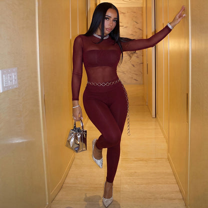 DZHT D26ST225 mesh long-sleeved top slim-fit trousers solid color two-piece suit