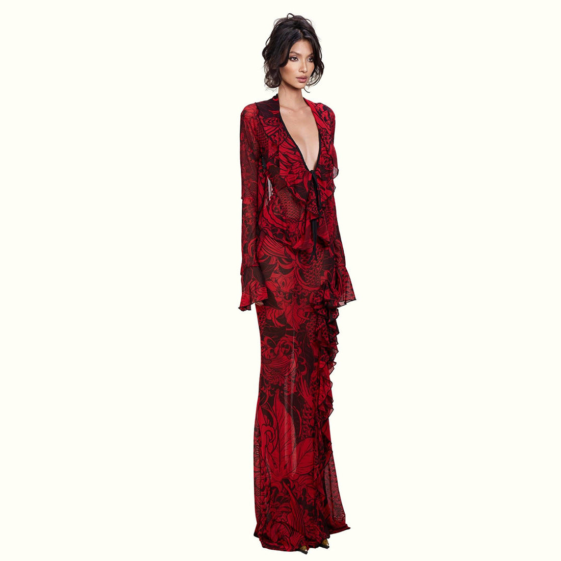 DLS Spring vintage lace bell sleeve sexy deep V-neck slightly transparent high slit skirt suit