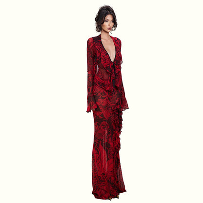 DLS Spring vintage lace bell sleeve sexy deep V-neck slightly transparent high slit skirt suit