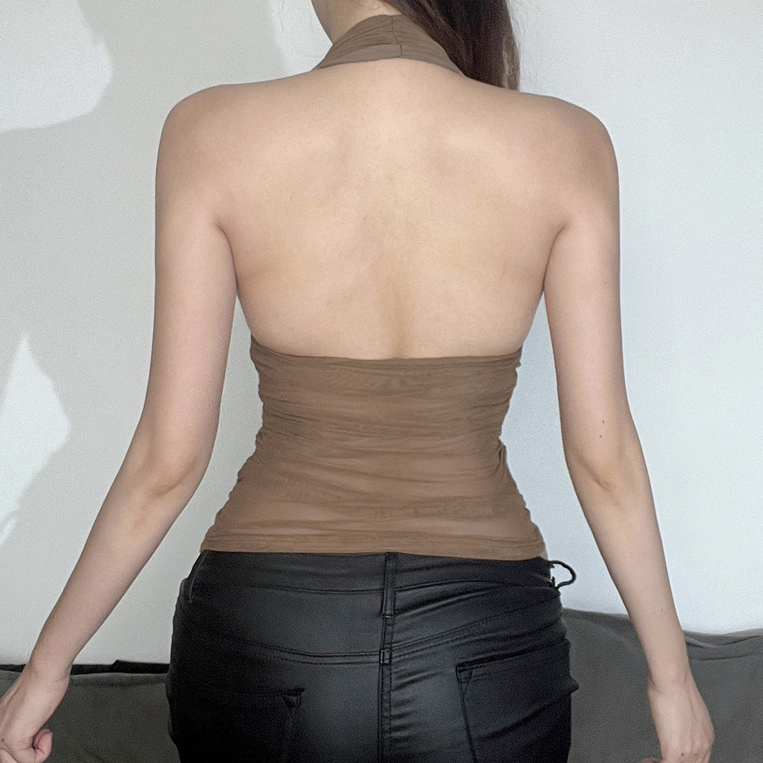 SXR summer V-neck halter camisole mesh pleats top