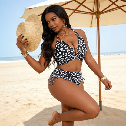CL (L-4XL) 2026 split large size swimsuit female leopard print lace sexy bikini