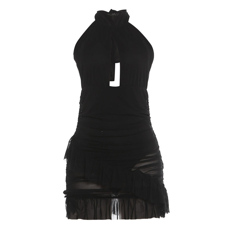 DLS summer halter backless hollow out see-through ruffled sheath dress
