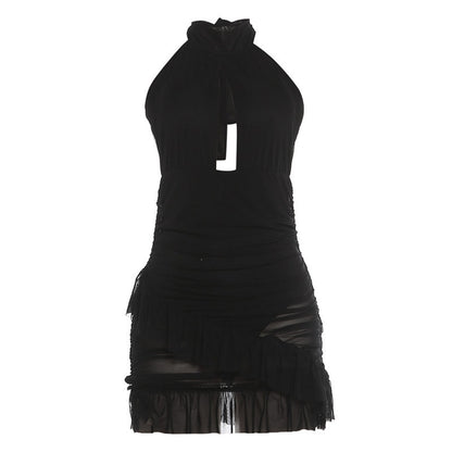 DLS summer halter backless hollow out see-through ruffled sheath dress