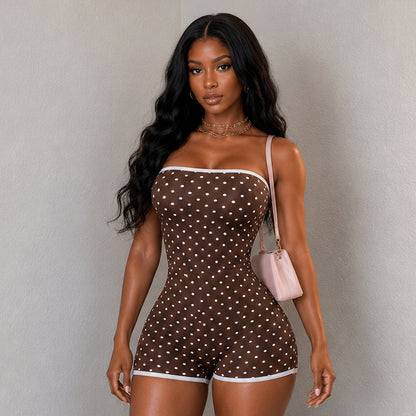 DZHT D26RP192 polka dot print contrast color tube top tight one-piece shorts