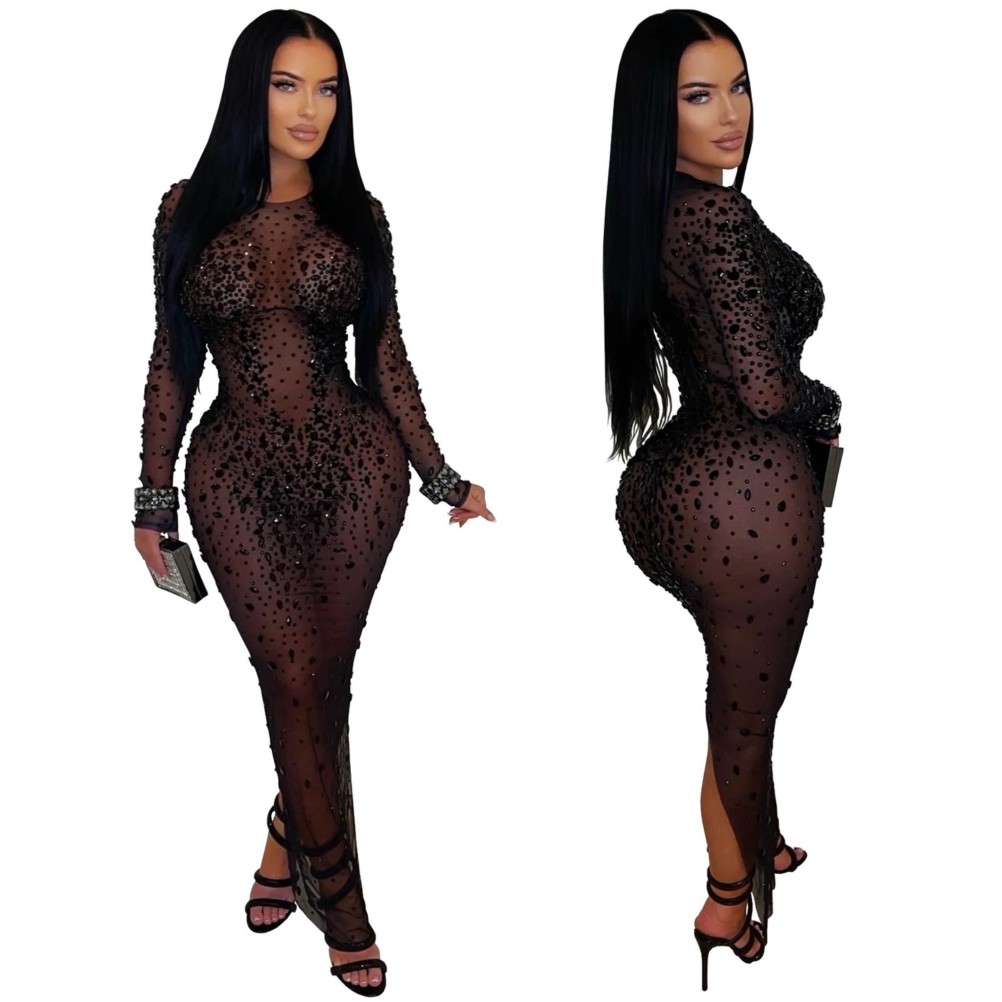 XYZ C7596 sheer mesh rhinestone sheath dress