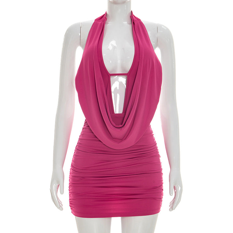 DZHT D26DS035 spring halter swing collar bare back lace-up sheath dress