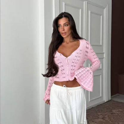 CYB knitted cardigan long sleeve V-neck French bell sleeve blouse