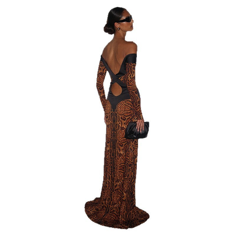 DLS off-shoulder hollow backless leopard print slim-fit long-sleeved dress
