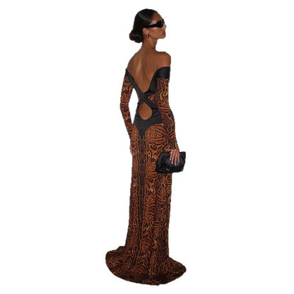 DLS off-shoulder hollow backless leopard print slim-fit long-sleeved dress