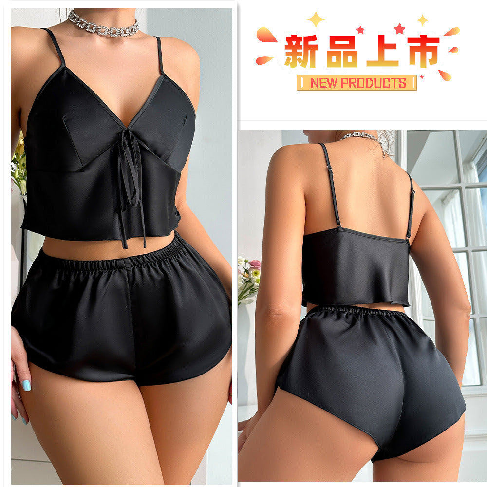 DNL silk suspenders solid color suspenders pajamas shorts two-piece pajamas pajama pants suit