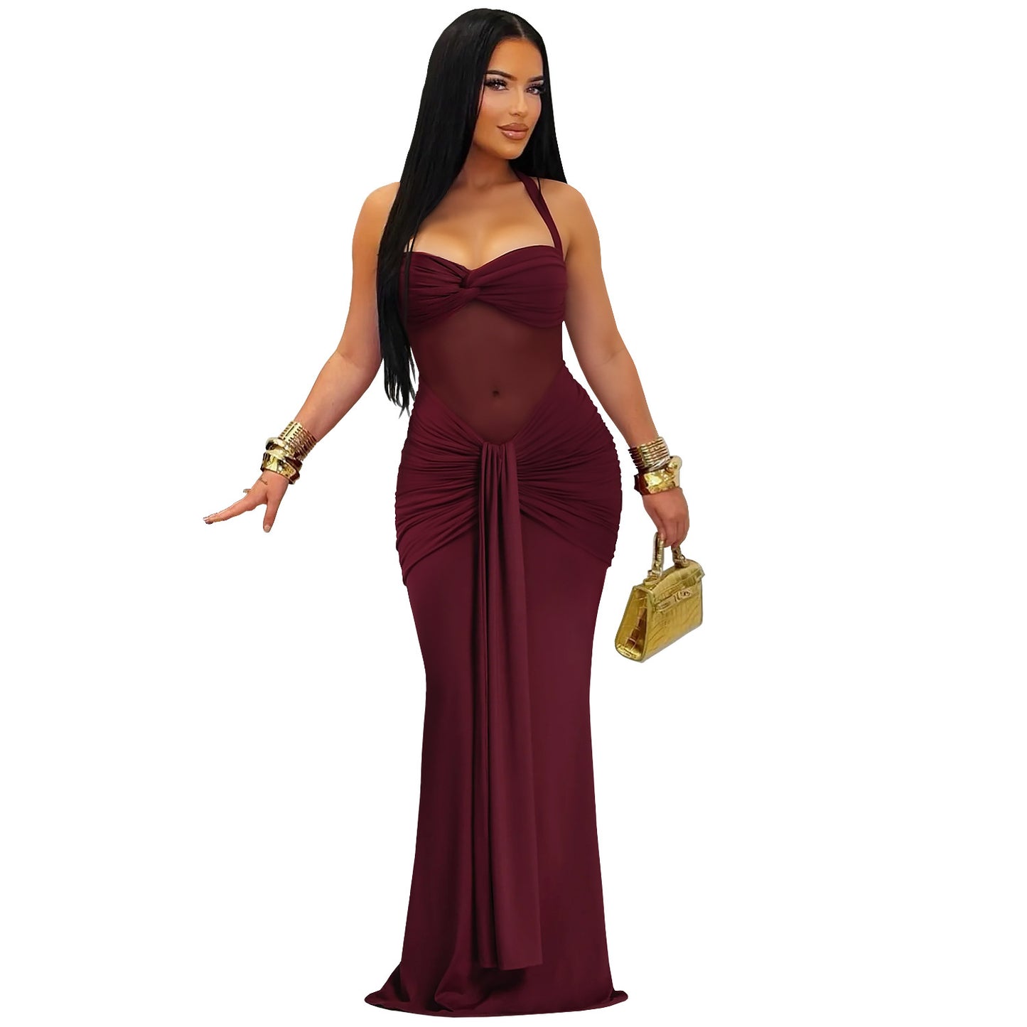 XYZ C7608 sheer mesh halter tied dress