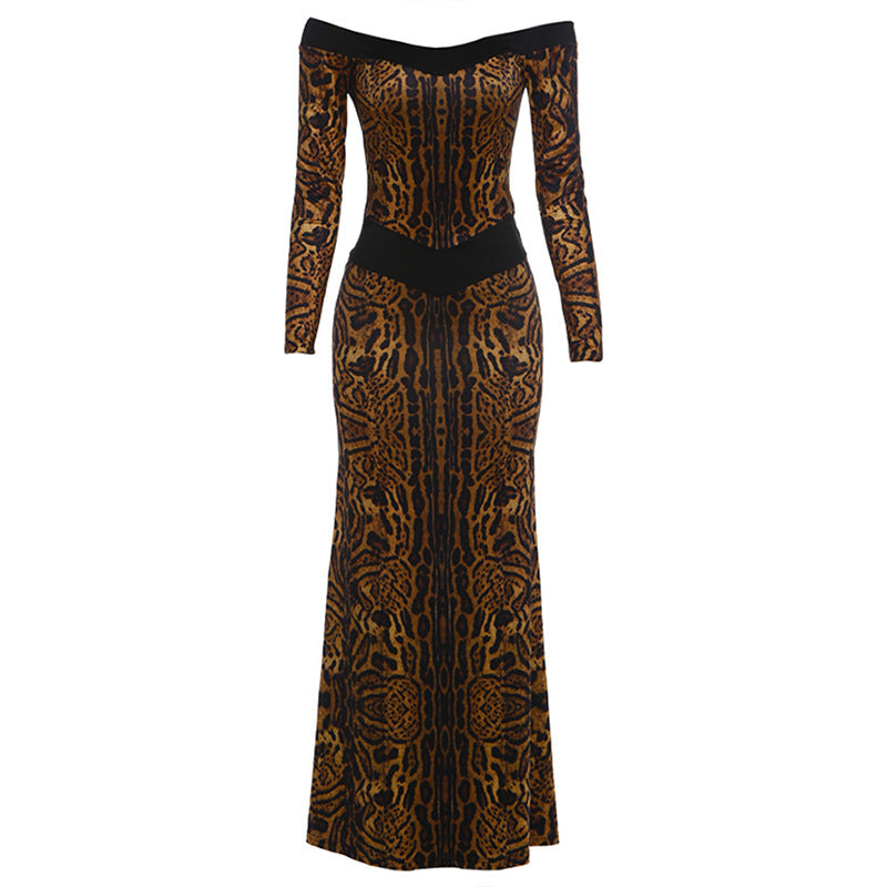 DLS off-shoulder hollow backless leopard print slim-fit long-sleeved dress