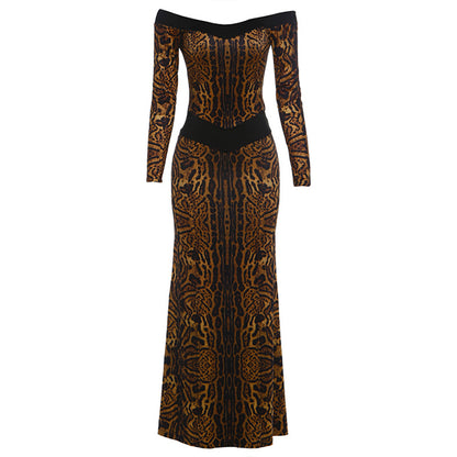 DLS off-shoulder hollow backless leopard print slim-fit long-sleeved dress