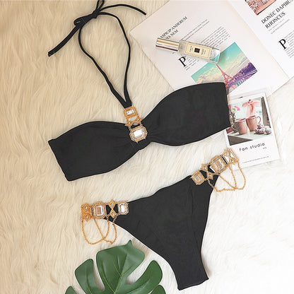 Luxury crystal diamond chain Women's split tube top strap sexy bikini