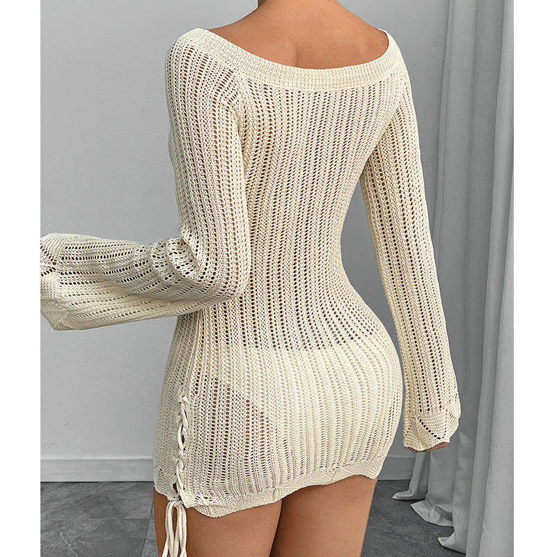 CYB off-shoulder knitted dress long sleeve hip skirt drawstring blouse