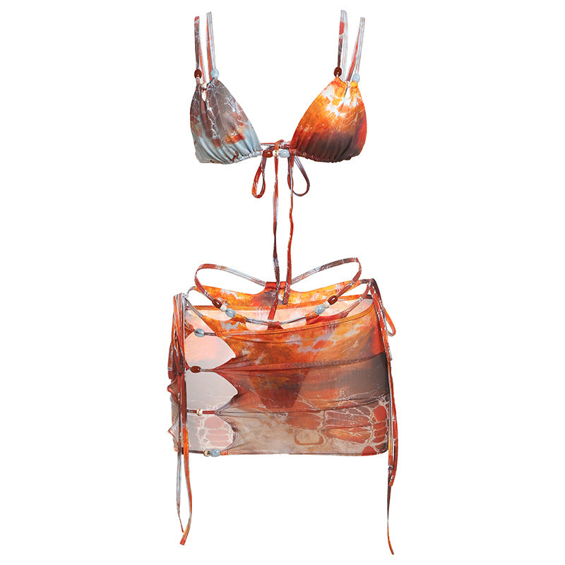 SXR summer fashion printed mesh lace-up bikini three-piece suit