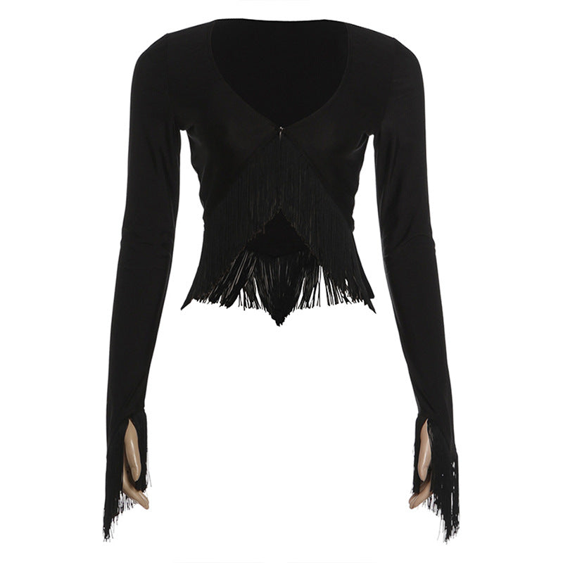 SXR K6L10804A summer cropped v-neck tassel long-sleeved top