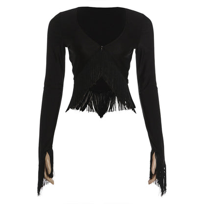 SXR K6L10804A summer cropped v-neck tassel long-sleeved top