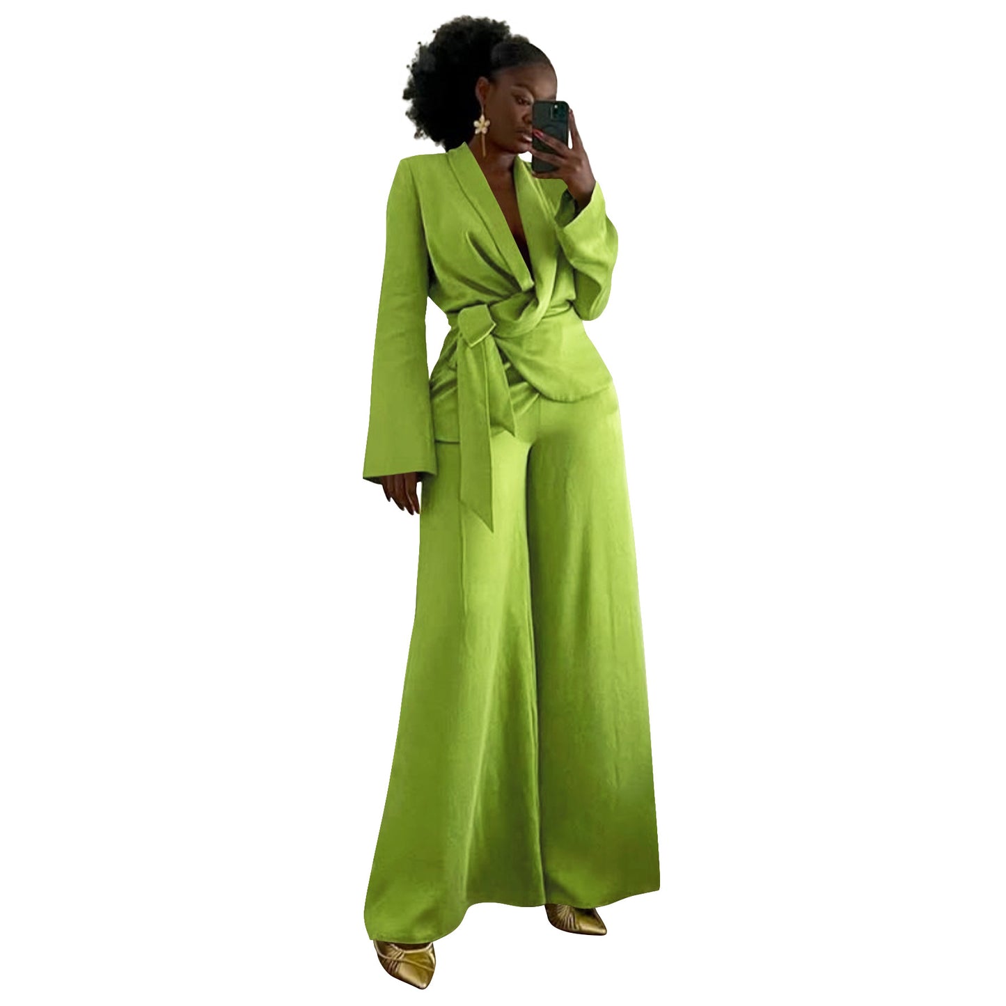 MYF (S-2XL) 10902 autumn and winter suit collar lace-up tup cardigan wide leg pants suit