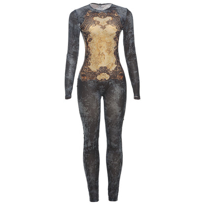 SXR summer printed mesh high waist long-sleeve zipper jumpsuit
