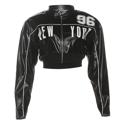 SXR autumn short zip leather coat fashion print stitching jacket