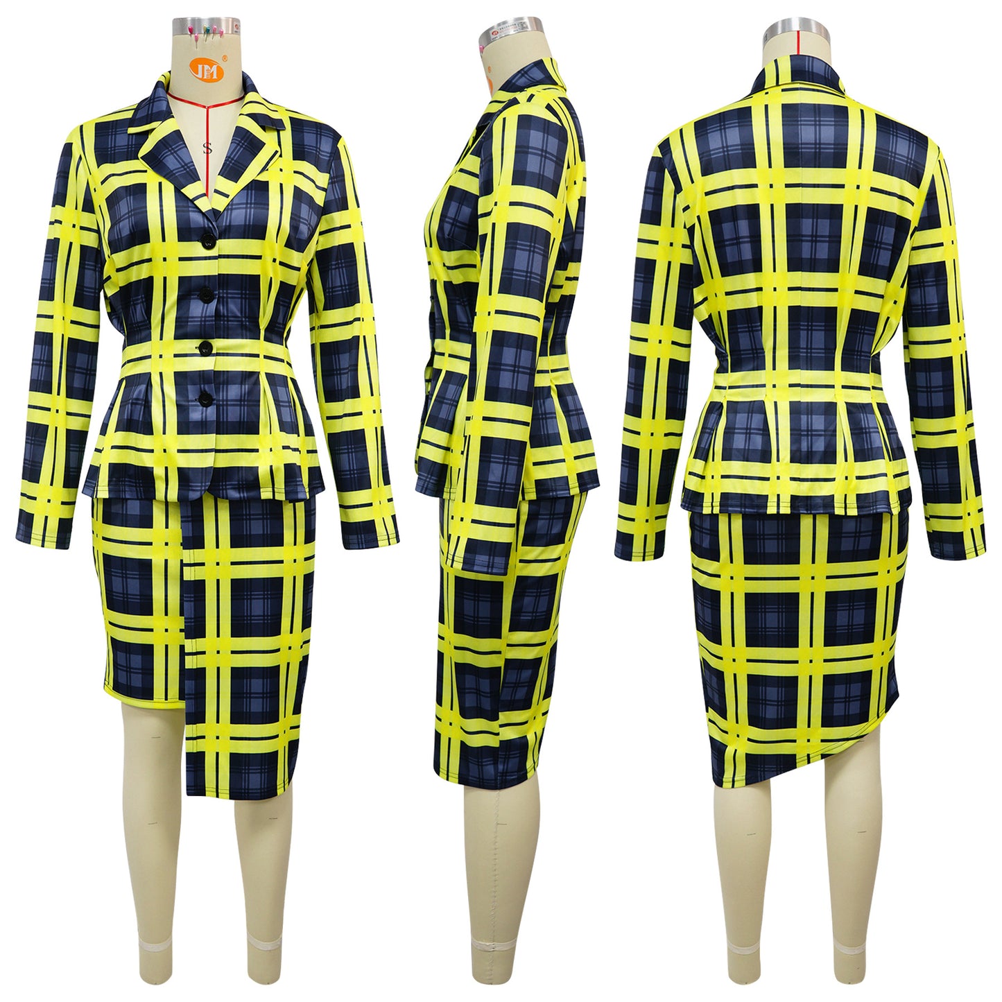 MYF (S-2XL) 10886 plaid dress lapel sheath skirt suit