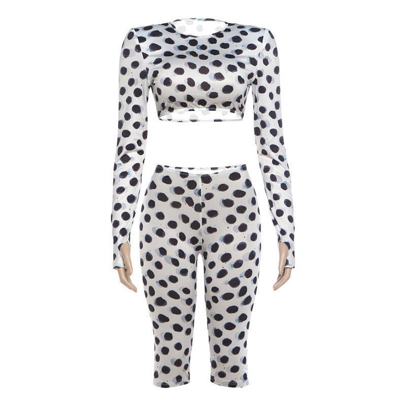 DLS polka dot print long sleeve short top slim fit fifth pants suit