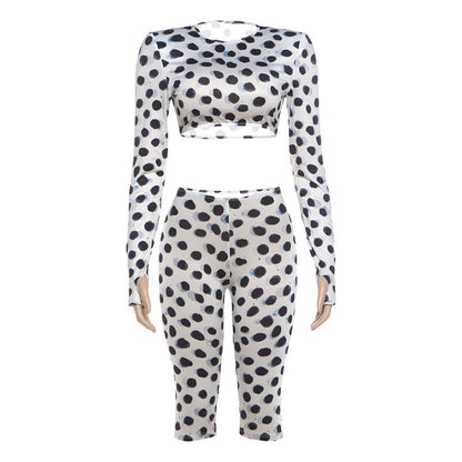 DLS polka dot print long sleeve short top slim fit fifth pants suit
