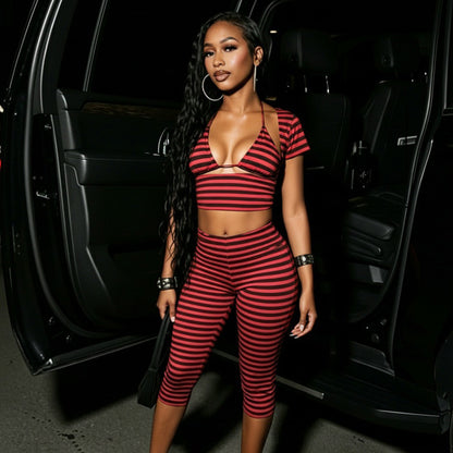 DZHT J26ST218 striped printed short sleeve vest cropped pants three-piece set
