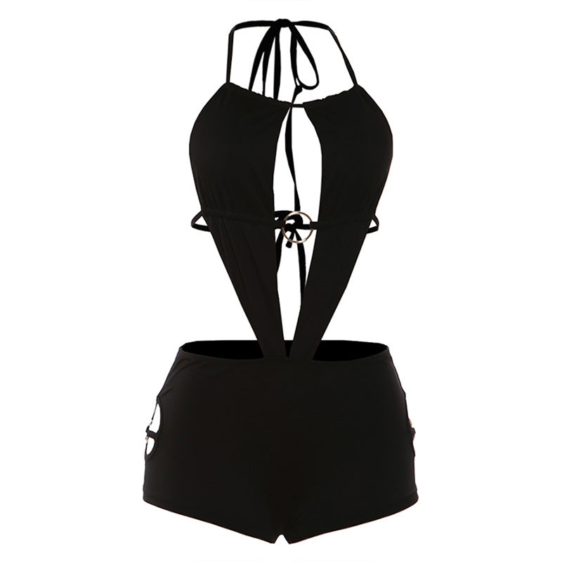SXR Spring 2026 hollow-out sexy backless lace up sheath shorts halter jumpsuit