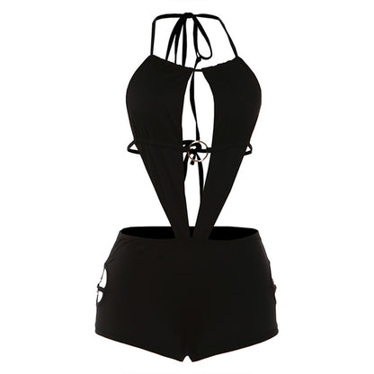 SXR Spring 2026 hollow-out sexy backless lace up sheath shorts halter jumpsuit