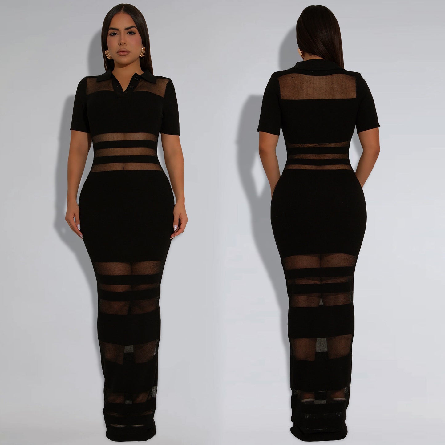 XYZ C7437 sheer mesh splicing package arm dress