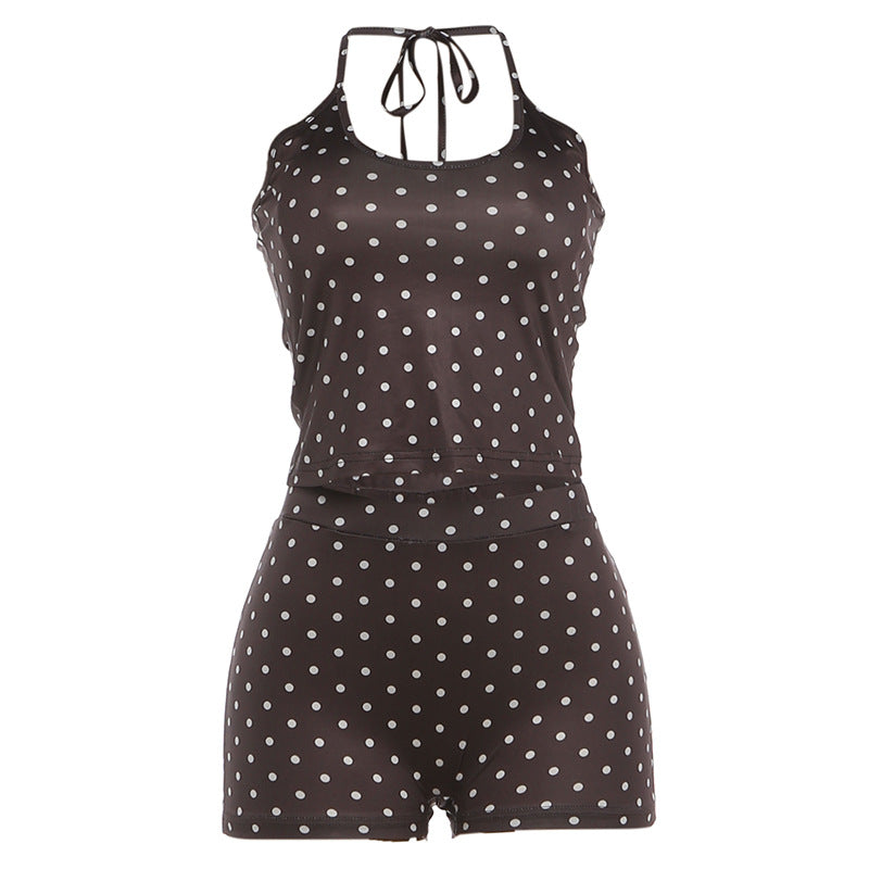 DLS summer halter backless top polka dot print low waisted shorts suit