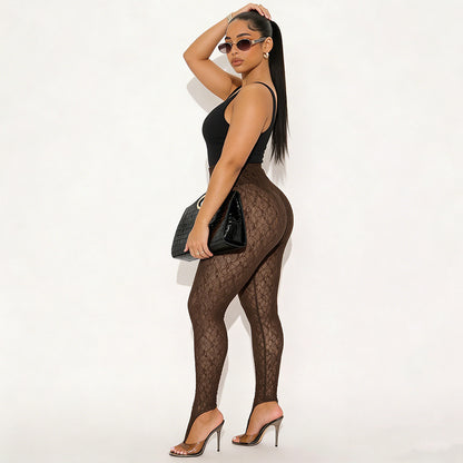 DZHT D26PT105 slim fit slimming see-through lace tight slip-on trousers