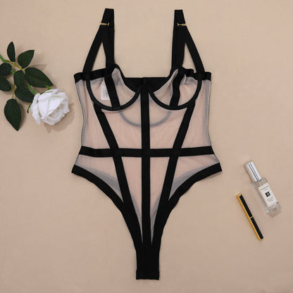 See-through bandage mesh joint sexy bodybuilding jumpsuits underwear open hidden hook