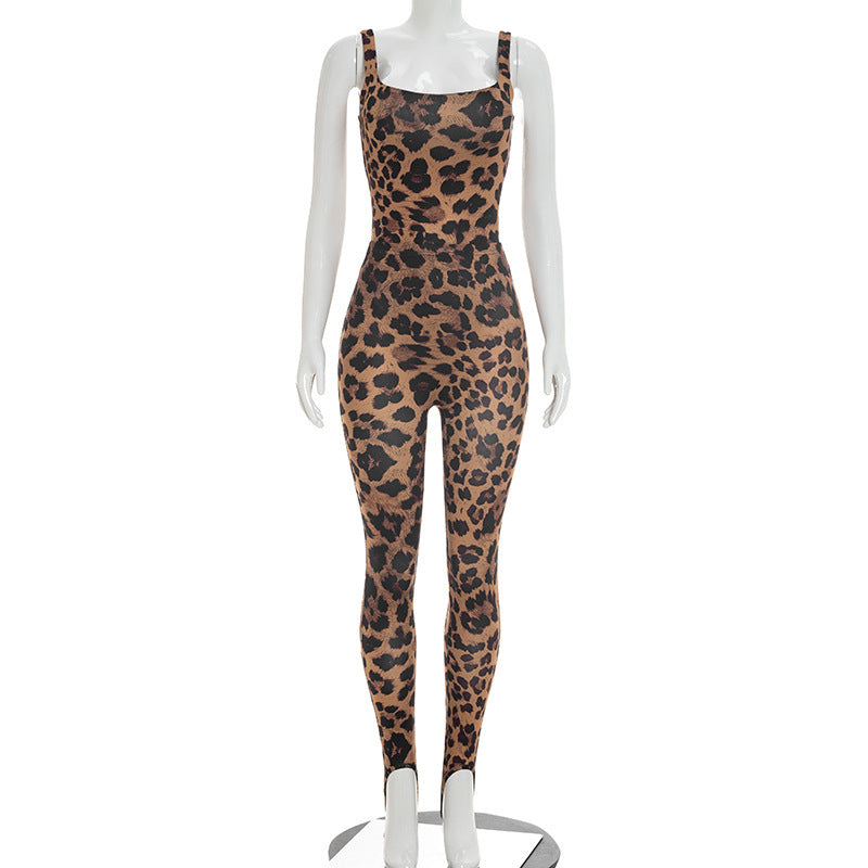 DZHT D26ST185 leopard print sleeveless leotard step-on tight trousers two-piece suit