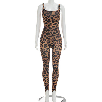 DZHT D26ST185 leopard print sleeveless leotard step-on tight trousers two-piece suit