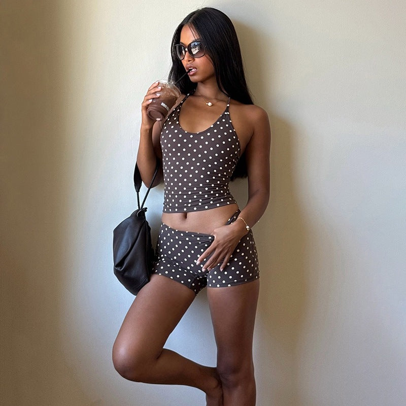 DLS summer halter backless top polka dot print low waisted shorts suit