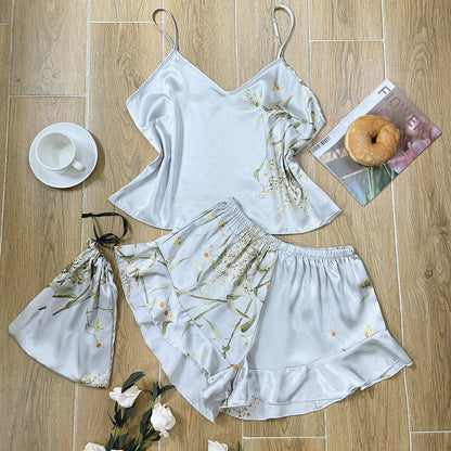 DNL spring imitated silk pajamas two-piece printed shorts suit suspender skirt
