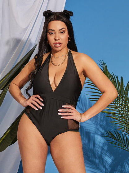 LF (L-4XL) women's one-piece solid color backless sexy swimsuit plus size