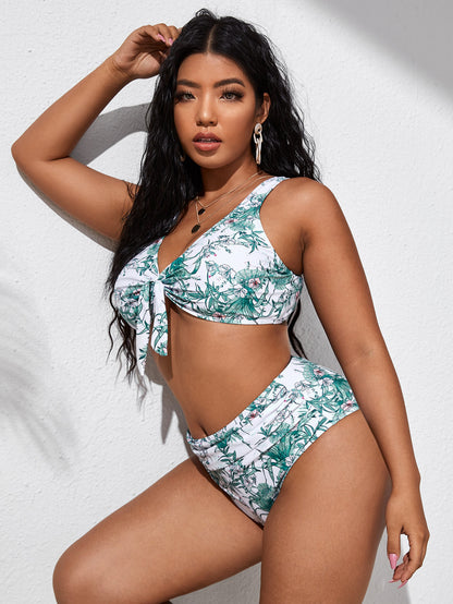 LF (L-4XL) women's split color printing swimsuit plus size