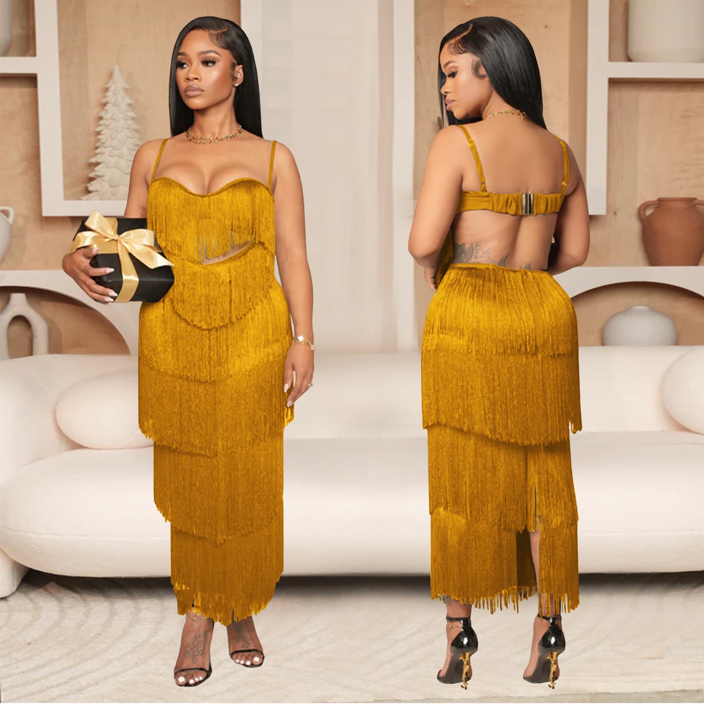 XYZ C7431 strap backless tassel long dress