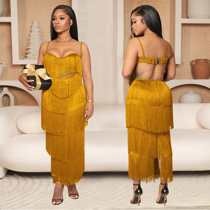 XYZ C7431 strap backless tassel long dress