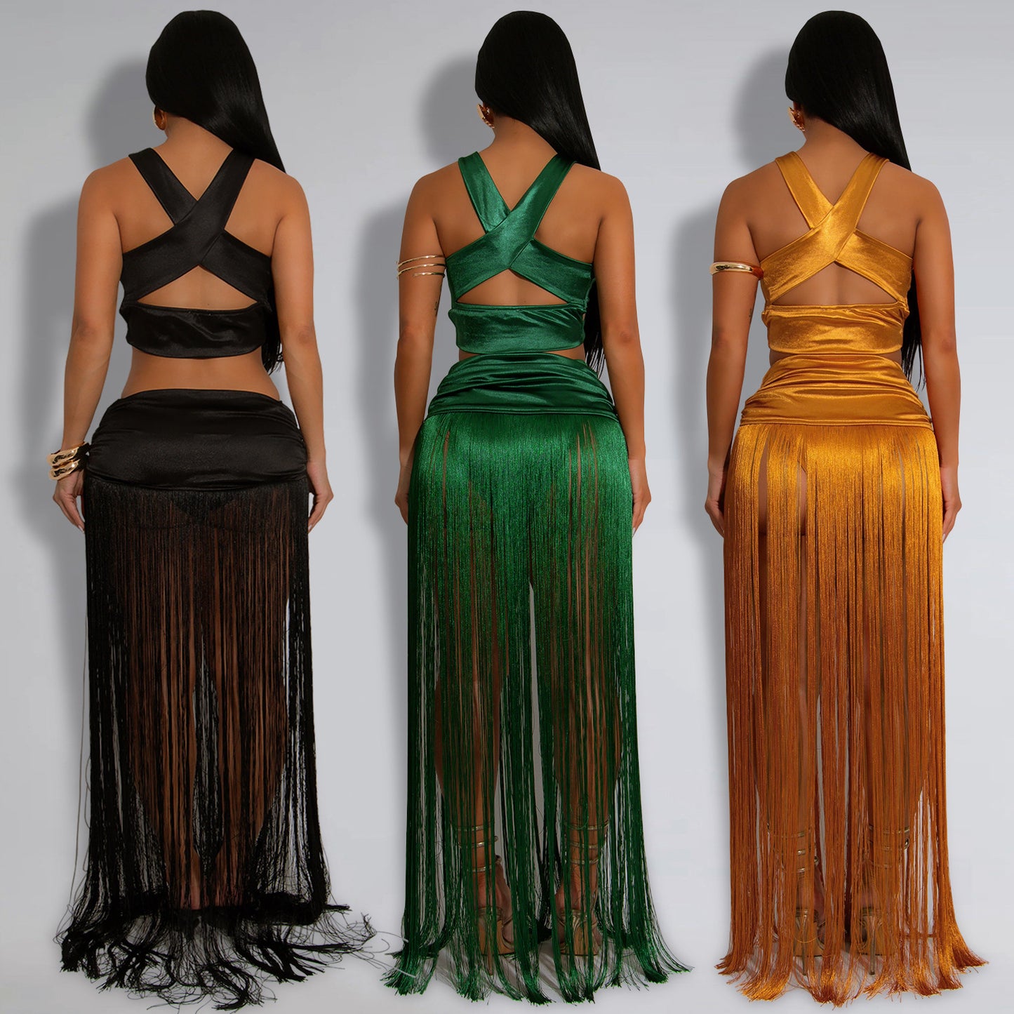 XYZ C7438 shoulder strap top tassel dress two-piece set