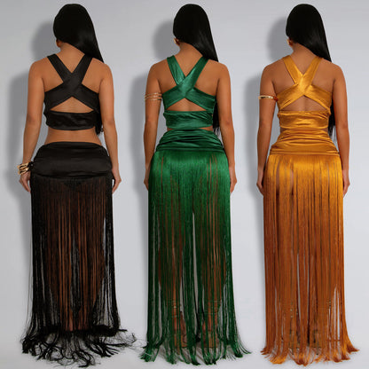XYZ C7438 shoulder strap top tassel dress two-piece set