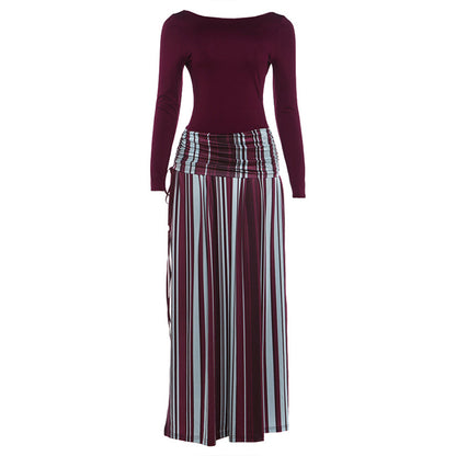 SXR K6D11771A summer backless slit striped long sleeve dress